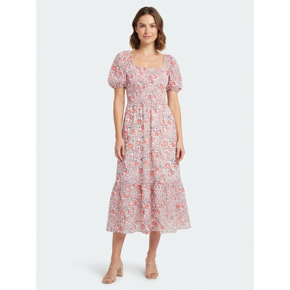 Vineyard Vines Smocked Puff Sleeve Midi Dress Floral Print White Pink Blue Large